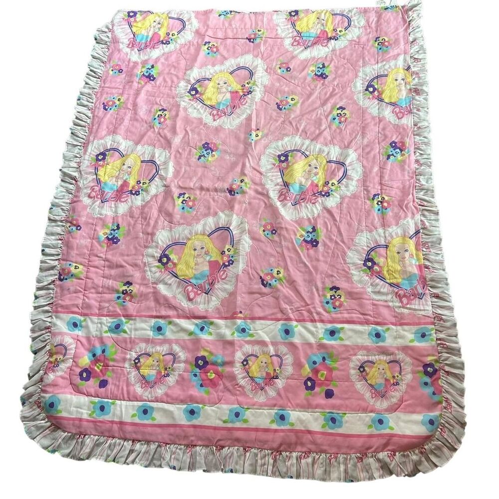 1996 Vintage Barbie Twin Size Comforter Ruffle Trim Pink Dreamhouse Bedding